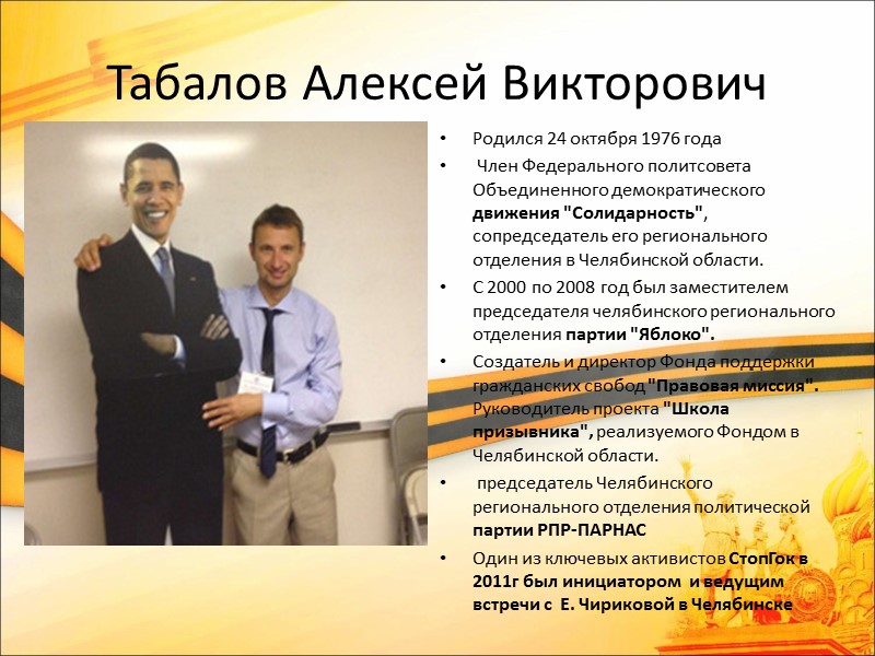 Табалов Алексей Викторович Родился 24 октября 1976 года  Член Федерального политсовета Объединенного демократического